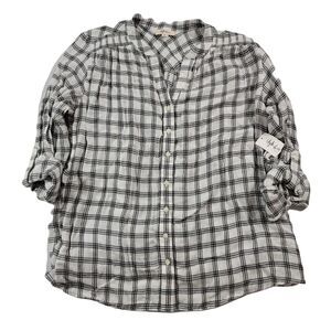 Style‎ & Co. Button-Down Top Womens 1X Plus Glen Plaid Cotton Winter White NEW